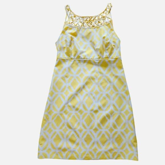Lilly Pulitzer shift dress yellow & white bamboo print lattice neckline size 2 - Picture 2 of 10
